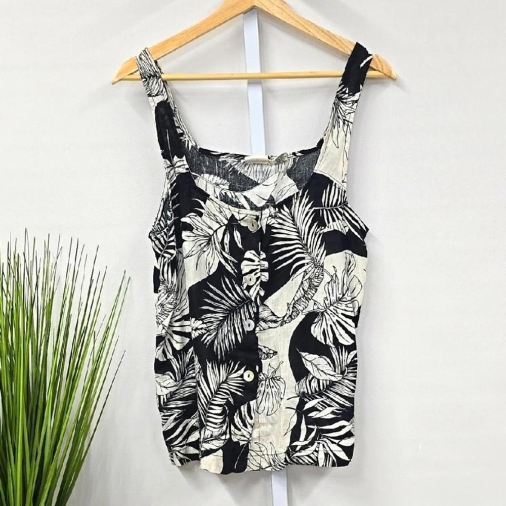 Christian Siriano‎ New York 100% Linen Tropical Palm Tank Top Black White Medium